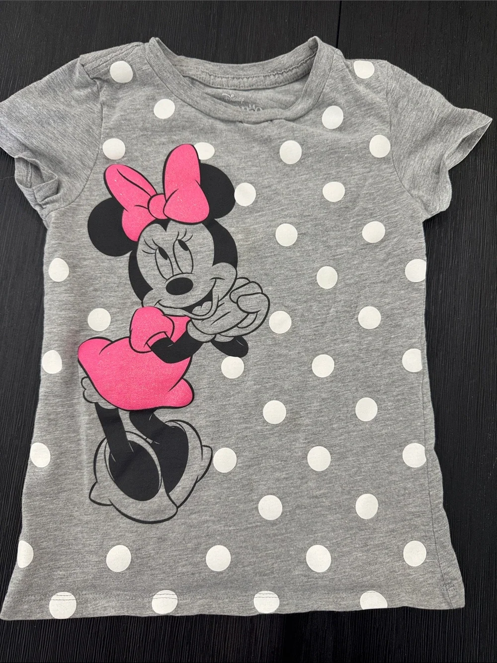 Disney Minnie Mouse Girls Gray Pink Polka Dot Graphic Tee Shirt Size 5/6